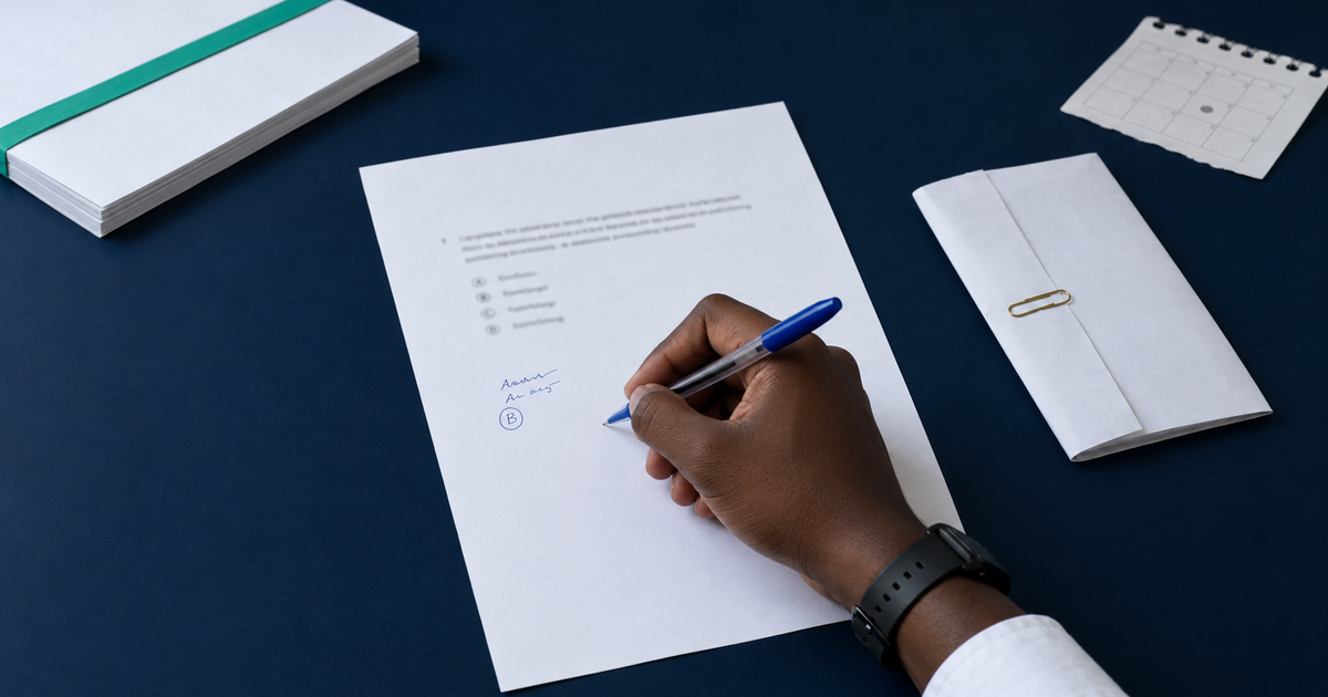 A student's hand writing an answer in the margin of a printed practice question, the lecture handout shut with an elastic band at the edge of the desk and the answer key still folded face down.