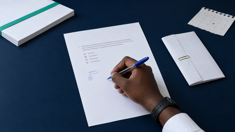 A student's hand writing an answer in the margin of a printed practice question, the lecture handout shut with an elastic band at the edge of the desk and the answer key still folded face down.