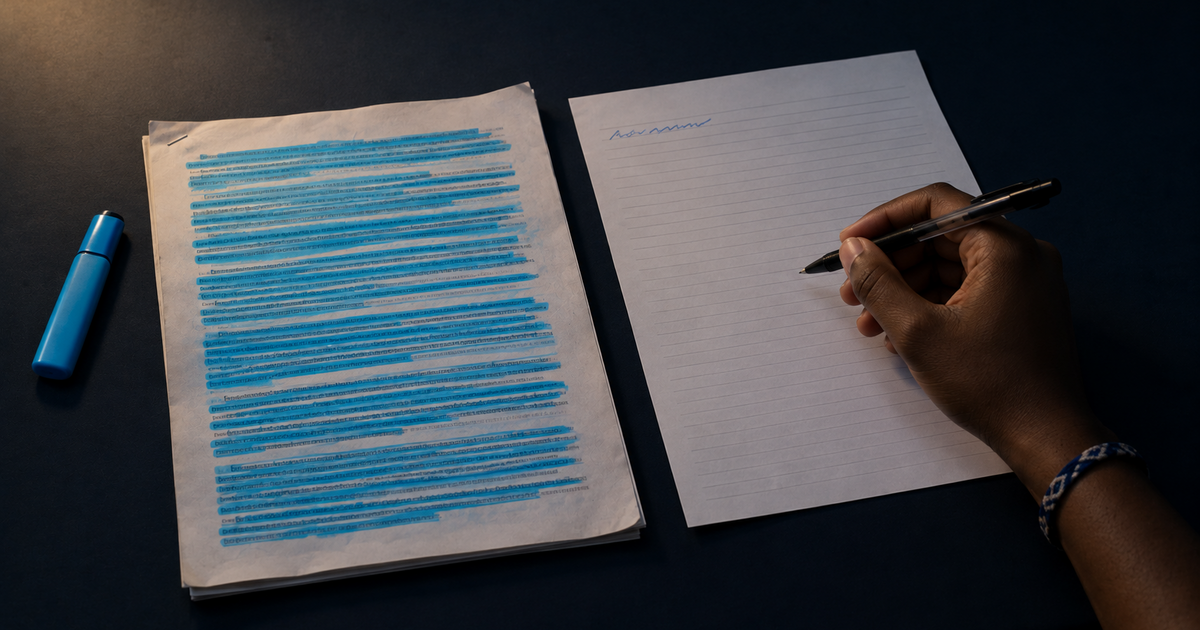 A lecture handout with almost every line highlighted in blue lies beside an exam answer sheet that is blank except for one line, a student's hand holding a pen above it without writing.