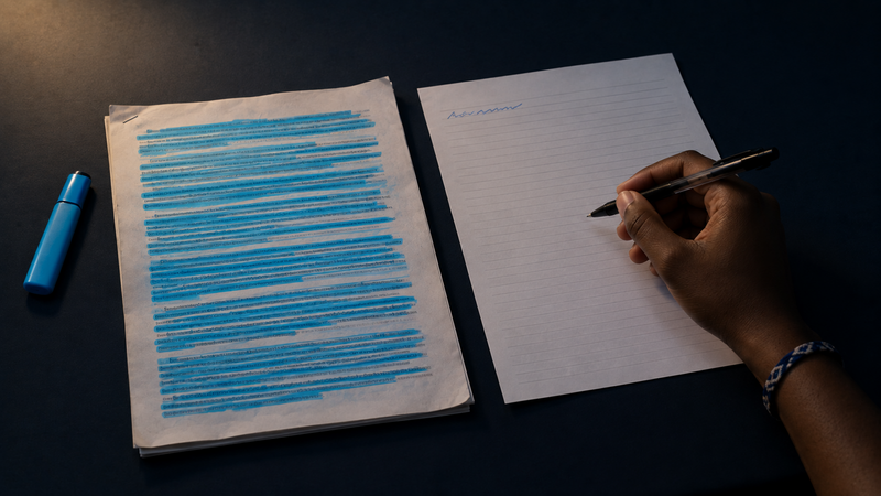 A lecture handout with almost every line highlighted in blue lies beside an exam answer sheet that is blank except for one line, a student's hand holding a pen above it without writing.