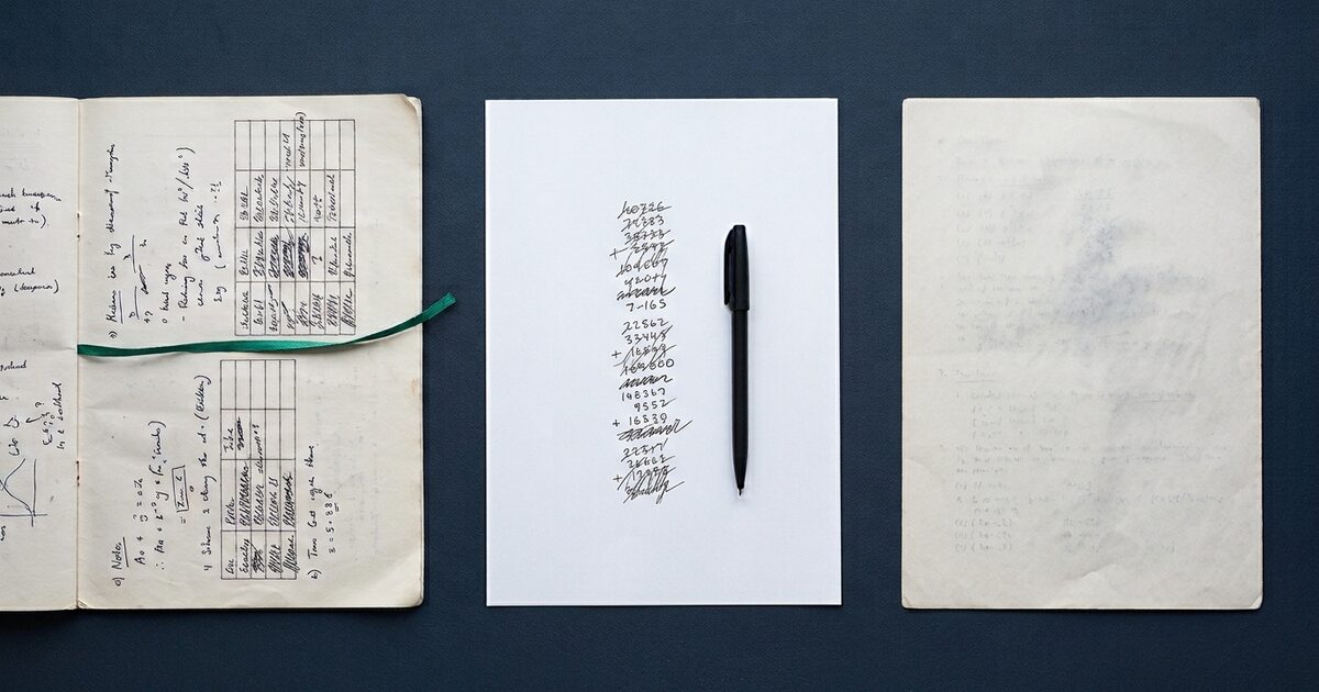 A printed course outline lies open on a desk in daylight beside a marked class quiz turned face down, a sheet of plain paper between them carrying a short column of handwritten sums.
